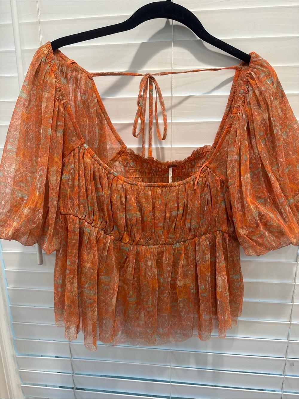 Free People Orange Sheer Boho Peasant Blouse with Tie Back